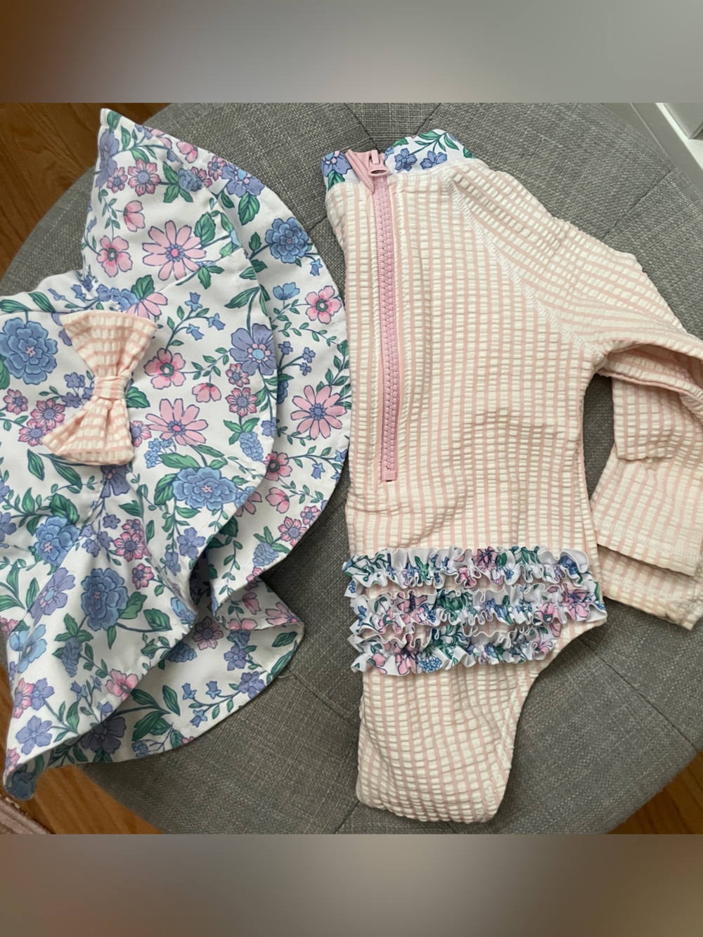 Tommy Bahama Pink & White Striped Baby swim suit Set/ Floral Trim 12-18 months